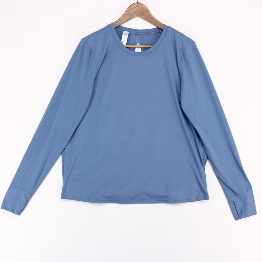 Spanx Soft Spot T Shirt Womens L Blue Wrap Back Long Sleeve Thumb Holes